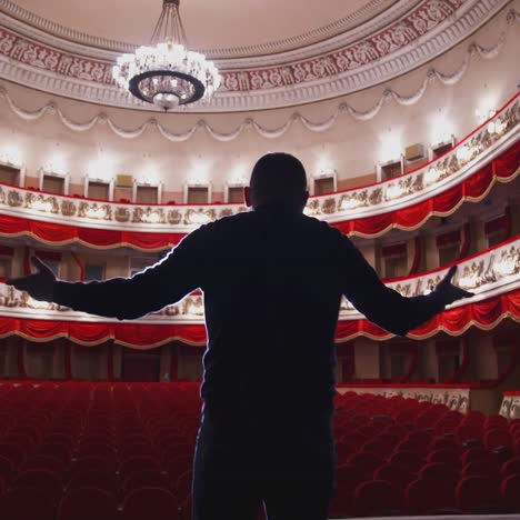 actor on stage in spotlight. active man standing on stage of a classical theatre with rows of red chairs without audience. back view.