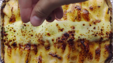 la mano masculina caucásica rocía y adorna delicioso, sabroso, plato de pollo mentai auténtico y tradicional cocinado en casa para la cena, arriba extremo cerca estático