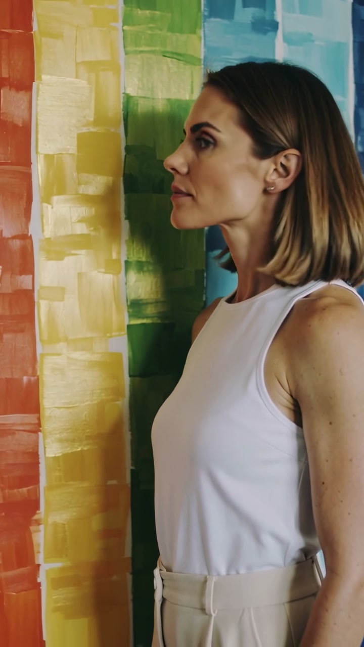 Vertical video: Noticing colorful mural, woman studying painted wall at gallery, wearing white top
