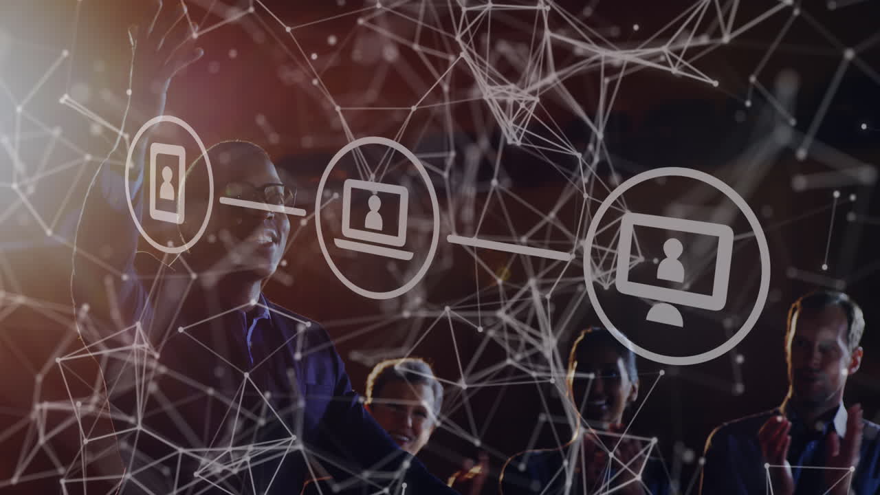 animación de la red de conexiones sobre el empresario afroamericano que hace una presentación