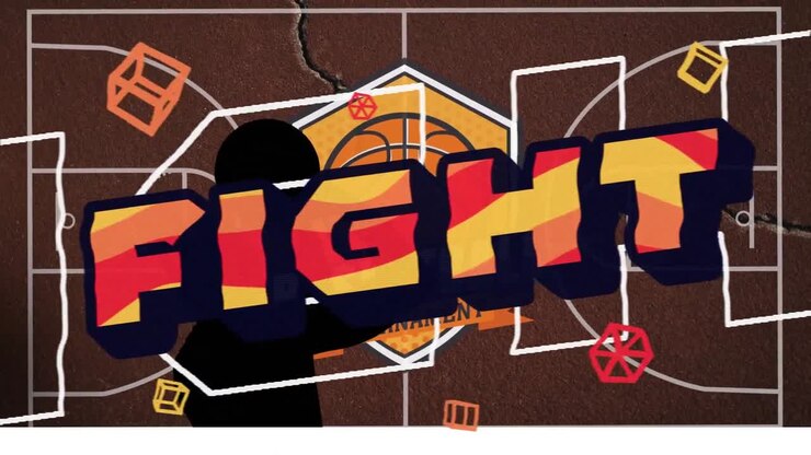 Animazione del testo "fight" sopra la silhouette di un giocatore di basket