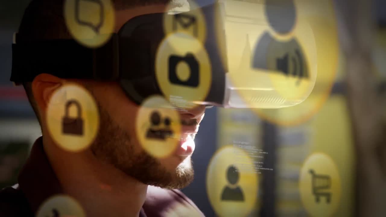 animación de iconos con procesamiento de datos sobre empresario biracial usando auriculares vr.