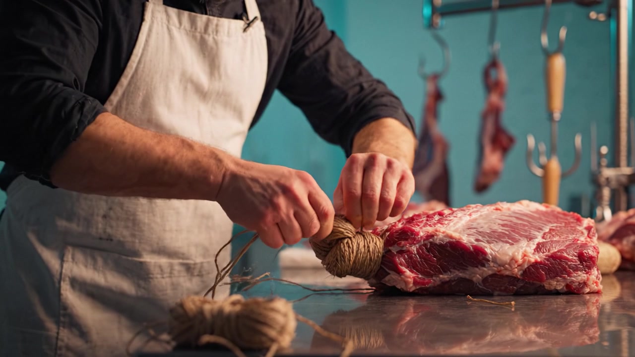 Macellaio esperto che prepara la carne con spago in una macelleria moderna, mostrando maestria nella manipolazione e legatura di tagli di manzo di alta qualità per la cottura