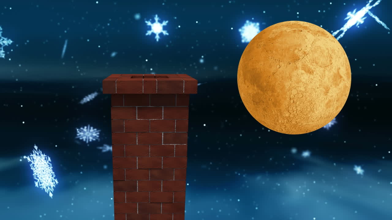 Animazione di un paesaggio natalizio invernale con camino, neve che cade e luna