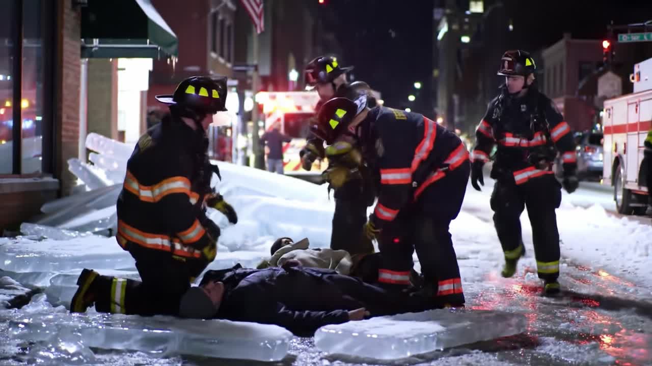 Emergency responders work diligently on a cold urban street covered in ice. Firefighters provide medical assistance to a person lying down, showcasing teamwork during a challenging situation.