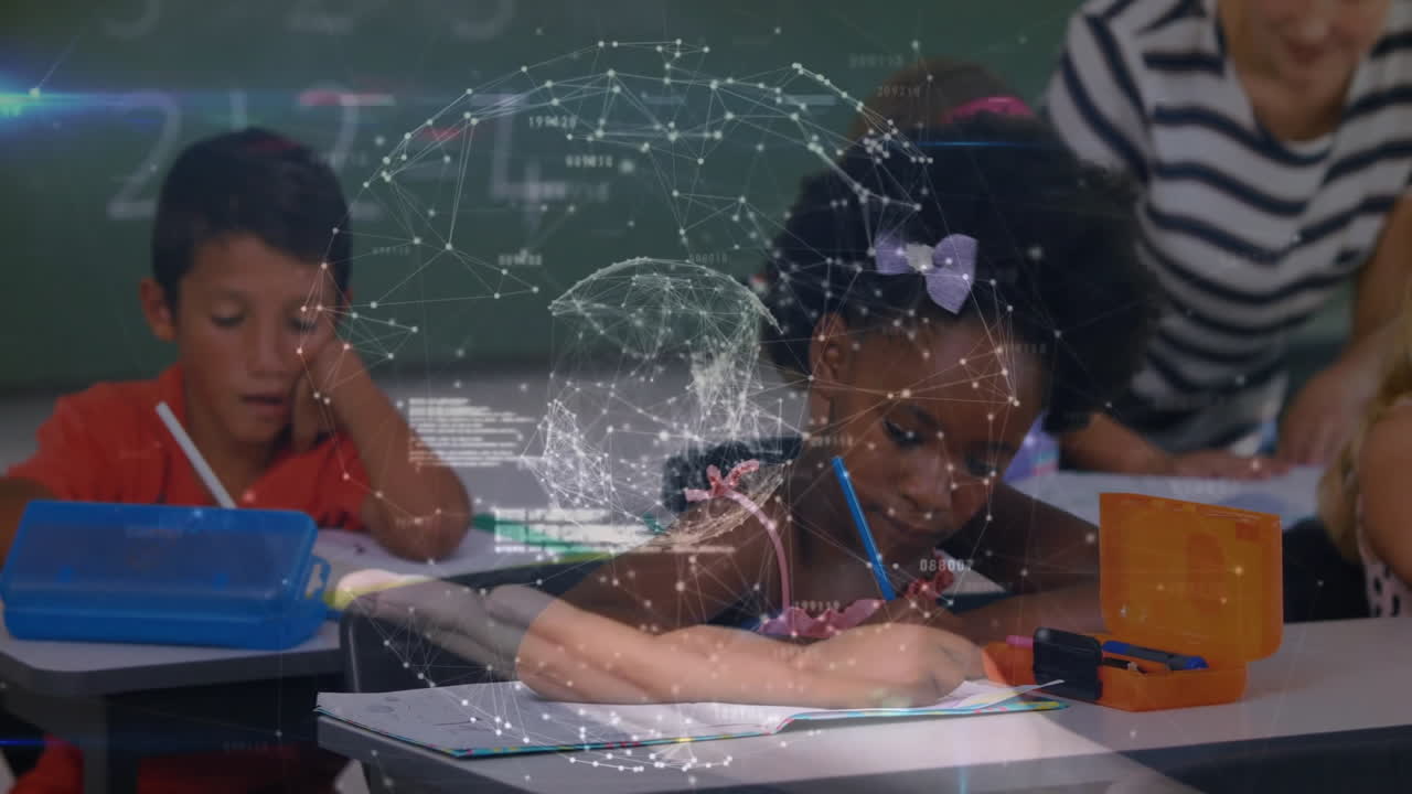 teacher guiding students writing at desks while network overlay showing classroom technology flow