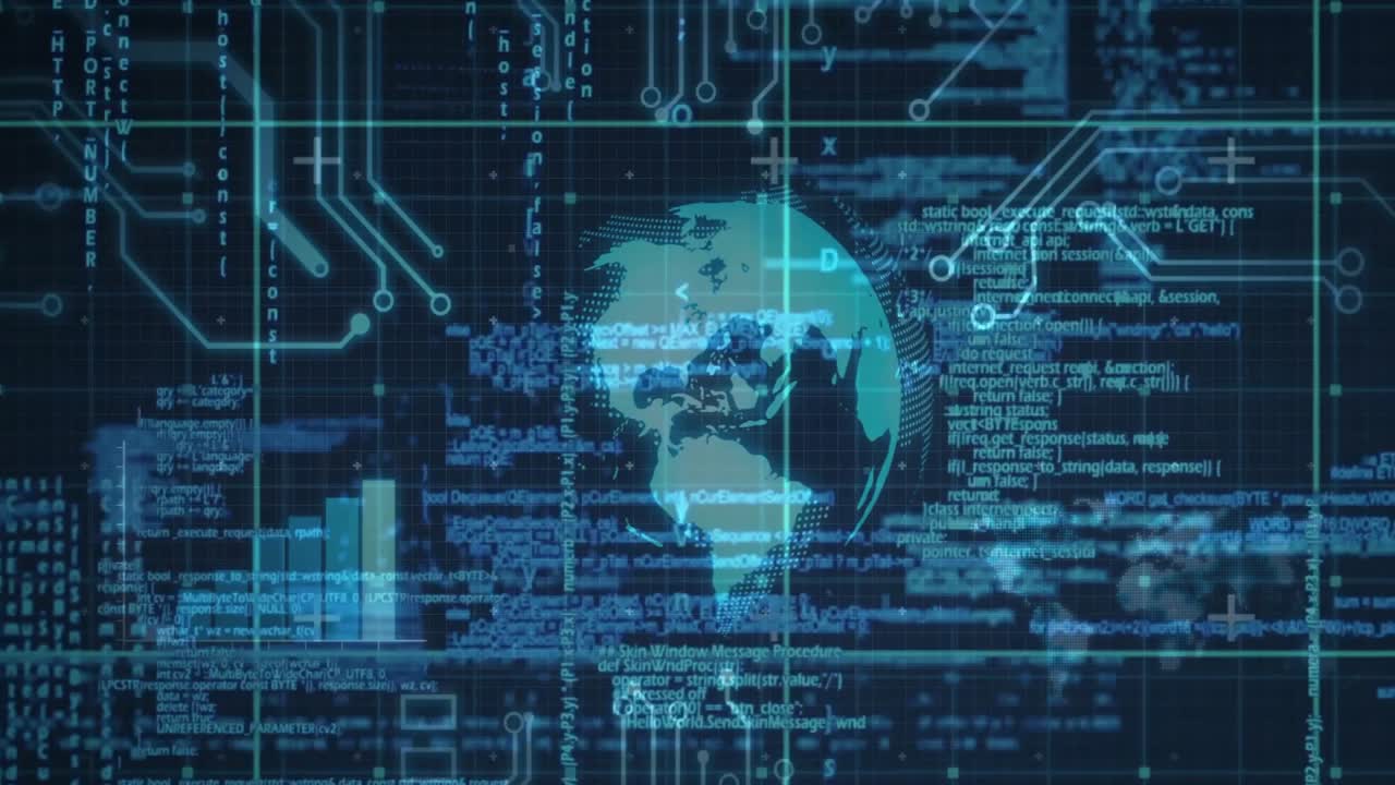 Lancio, globo 3D che ruota mentre strisce di codice scorrono e un grafico pulsa visualizzando la rete globale.