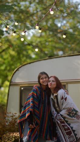 two friends enjoying autumn in a park with a camping trailer