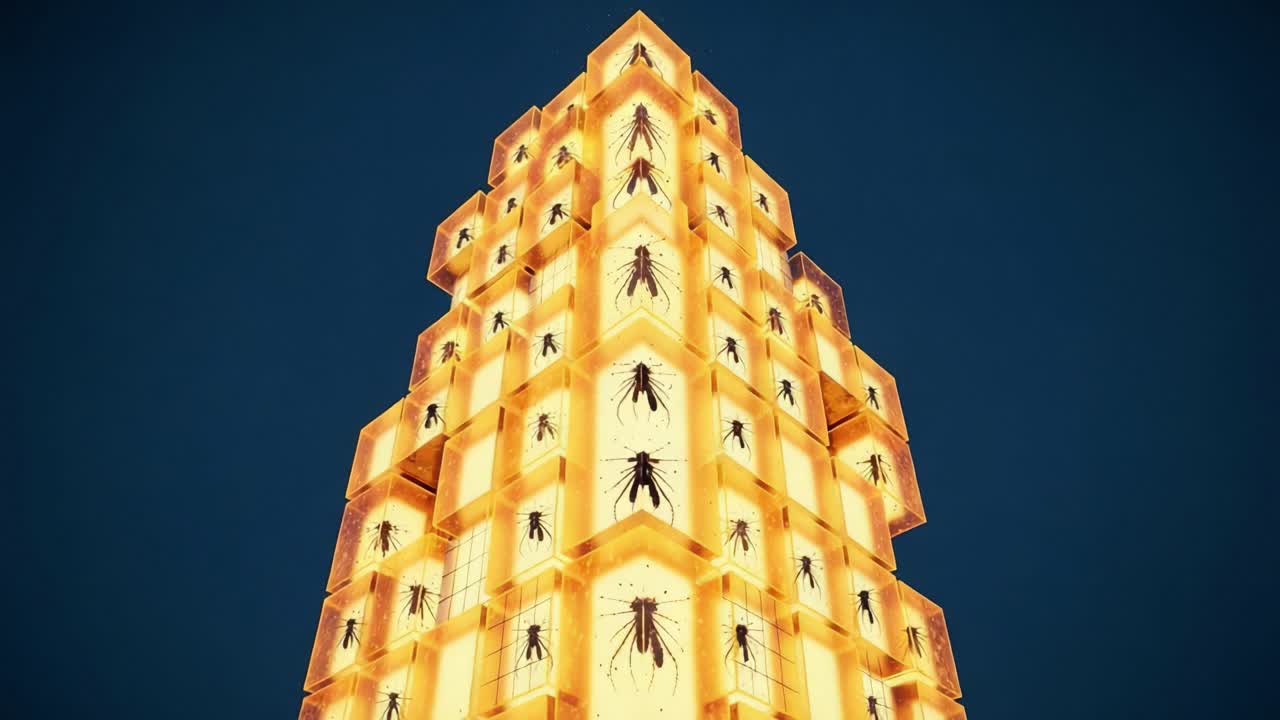 A Stunning Tower Illuminated with Insect Imagery: Exploring the Artistic Representation of Nature and Light in a Towering Structure