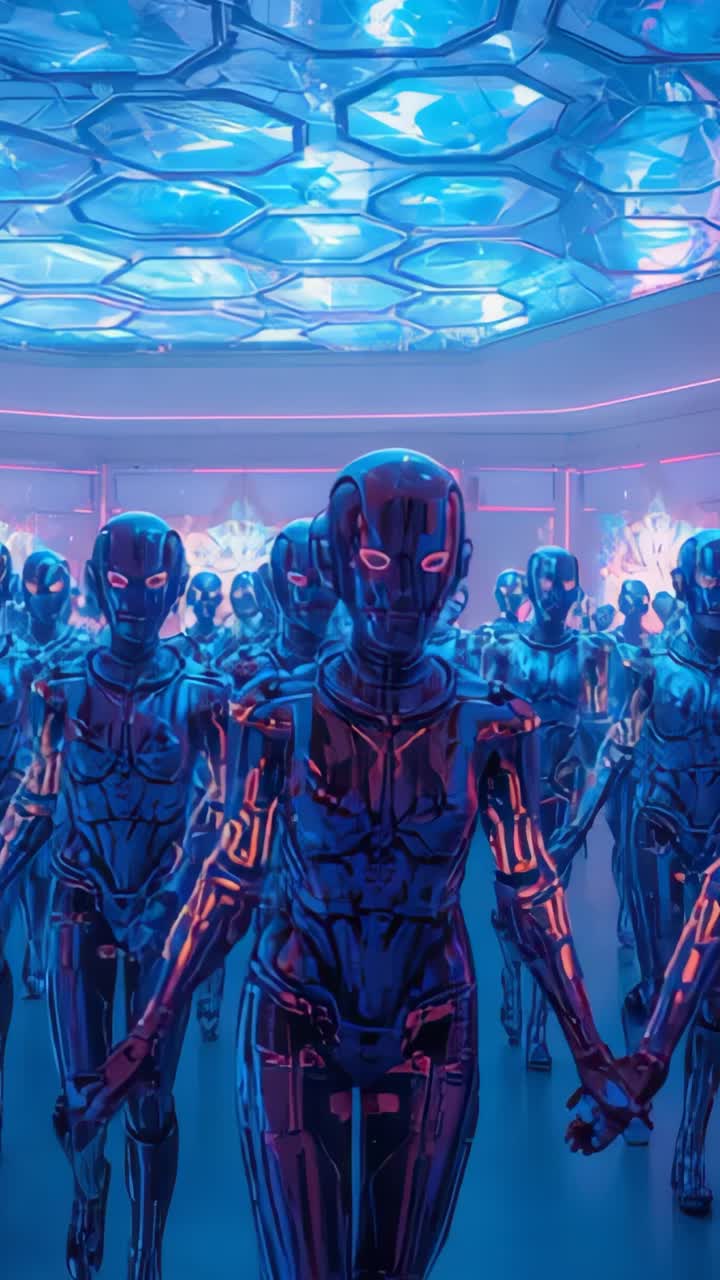 Vertical video: Stepping forward center robot leading arm choreography in neon-lit chamber