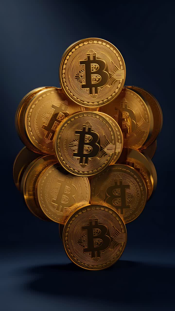 Animazione rotante di Bitcoin dorato su sfondo scuro, criptovaluta cinematografica 4K.