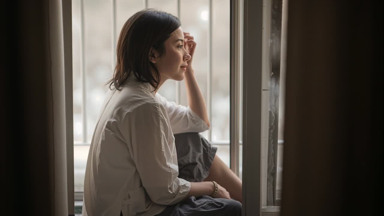 Donna seduta presso la finestra, con le sbarre, che si ripara gli occhi e poi appoggia il mento, riflettendo sulla salute.