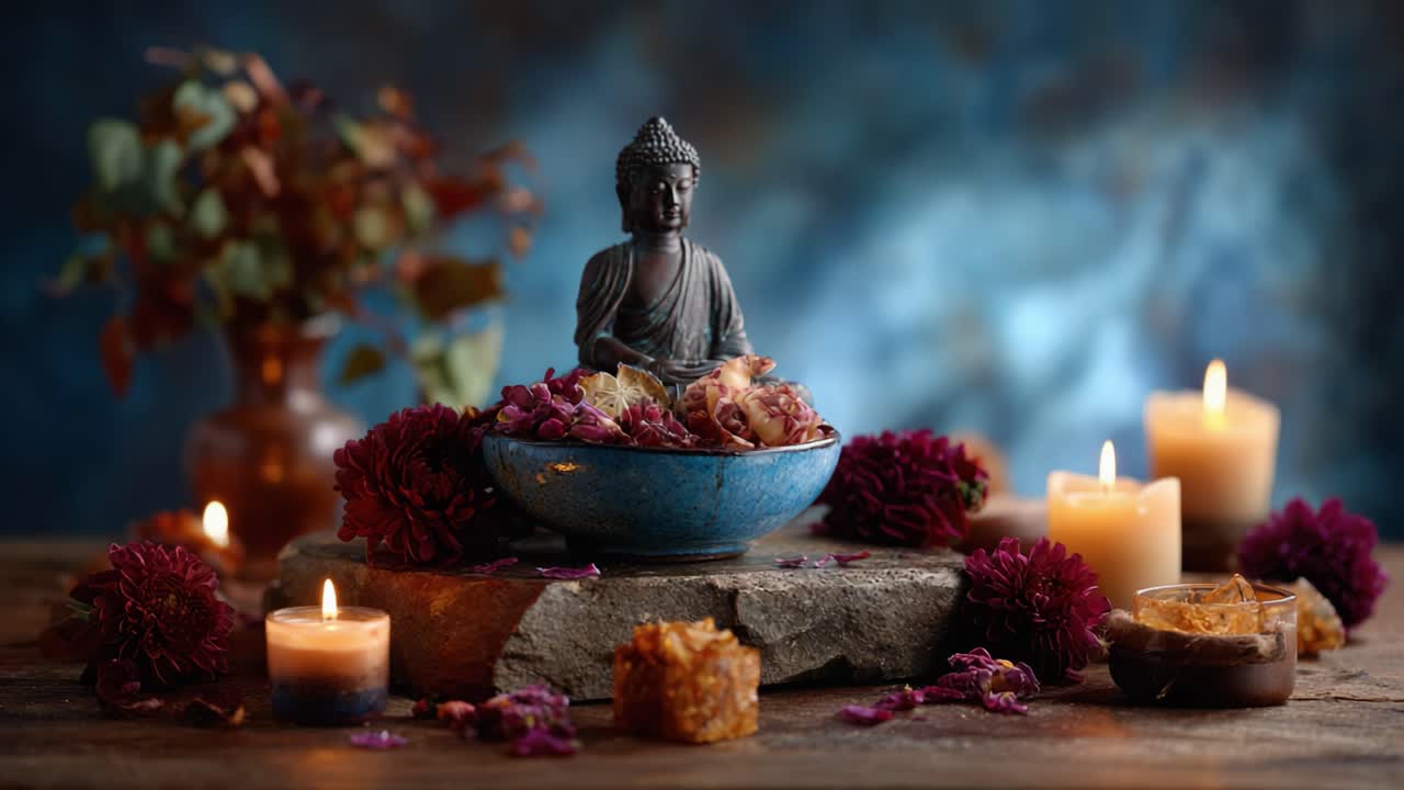 Una serena scultura di Buddha circondata da candele, fiori secchi e delizie aromatiche su un tavolo di pietra rustico, creando un'atmosfera tranquilla per la riflessione e la pace