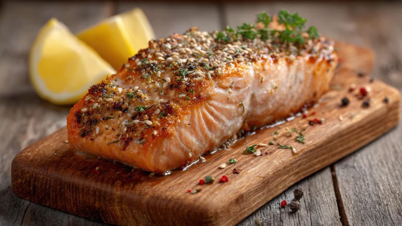 Delizioso salmone al forno con erbe aromatiche e spezie, servito con spicchi di limone fresco su un tagliere rustico in legno, perfetto per un pasto sano o una cena tra amici