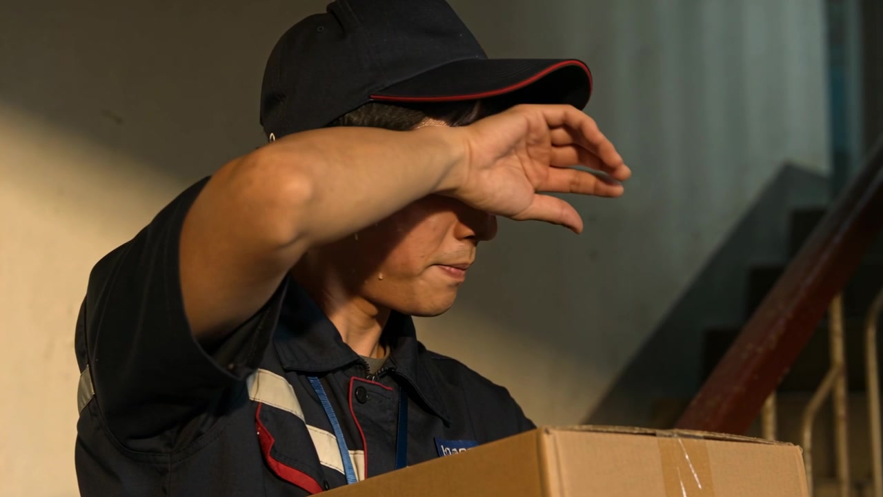 Kurer i marineblå uniform løfter armen for at skærme sig mod den skarpe sol på en trappeafsats, mens han holder en pakke.