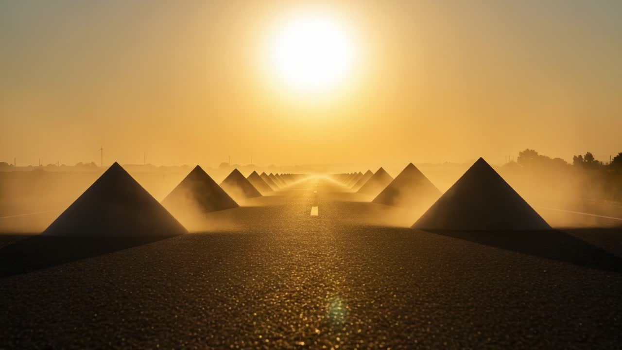 Mysterious Pyramid Shapes Emerge from the Mist at Sunrise, Illuminating the Road Ahead in a Stunning Display of Nature's Beauty and Artistic Design