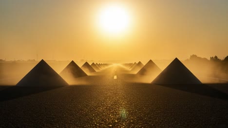 mysterious pyramid shapes emerge from the mist at sunrise, illuminating the road ahead in a stunning display of nature's beauty and artistic design