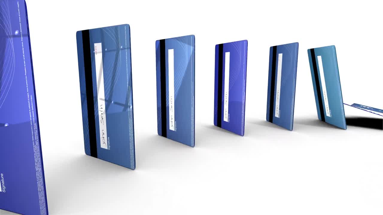 tarjetas de crédito azules cayendo en un círculo como dominós contra un fondo blanco