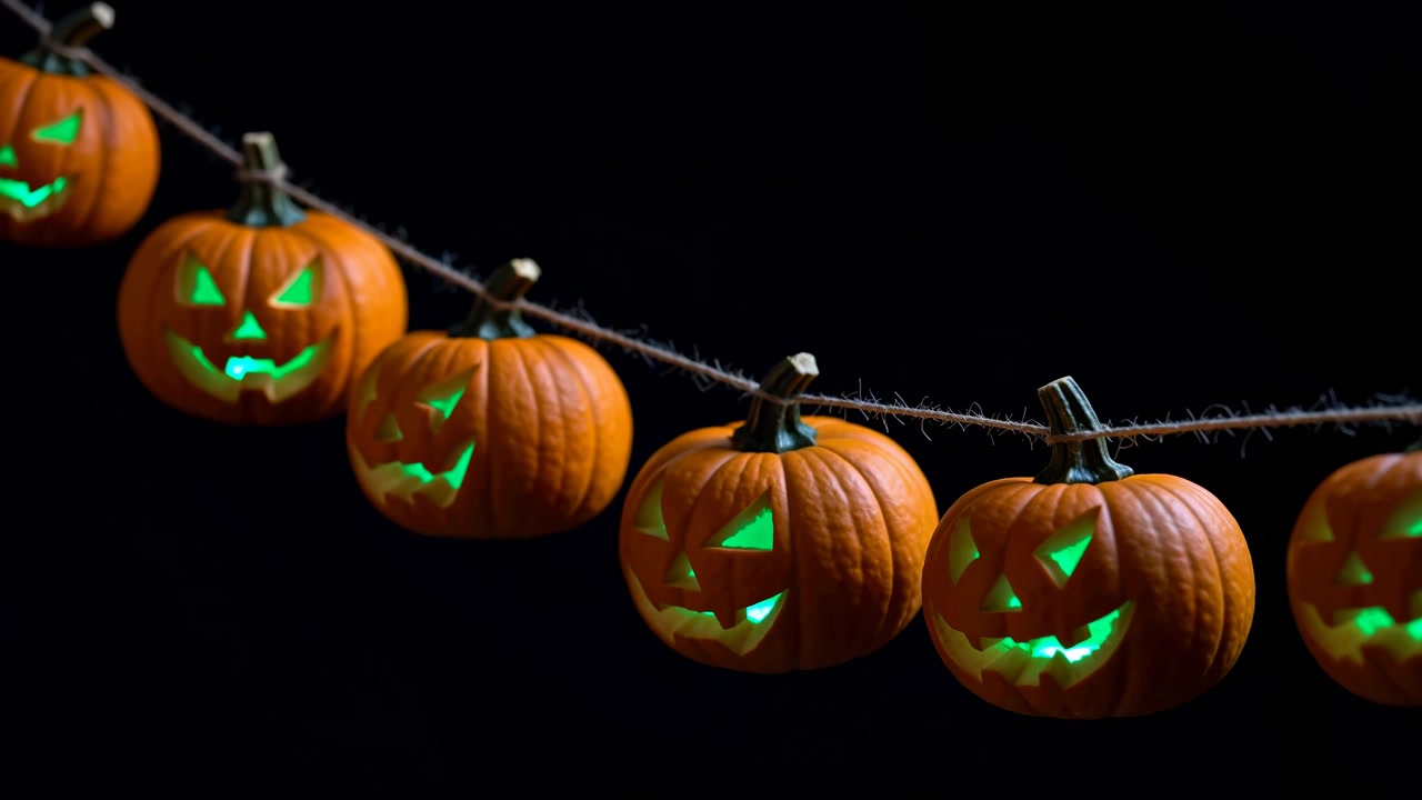 Row of jack-o'-lantern pumpkins fills more of frame during gradual push-in, with bright green interior glow, textured orange skins, curved twine, and black background.