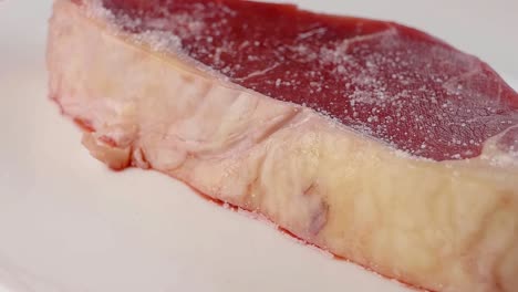 Close-Slow-Motion-Shot-of-Seasoning-a-Raw-Sirloin-Steak-With-Salt