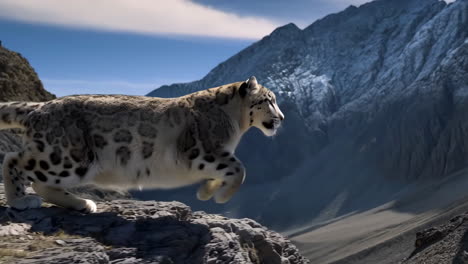 snow leopard leaping across mountain rocks