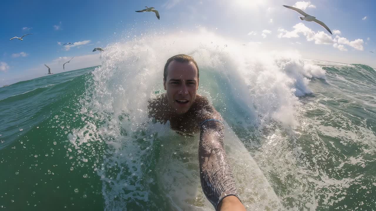 Paidaton surffari laudalla rannalla, jolla on päällään vain surffishortsit ja joka pitää kameraa kädessään, poistuu romahtavasta aallosta