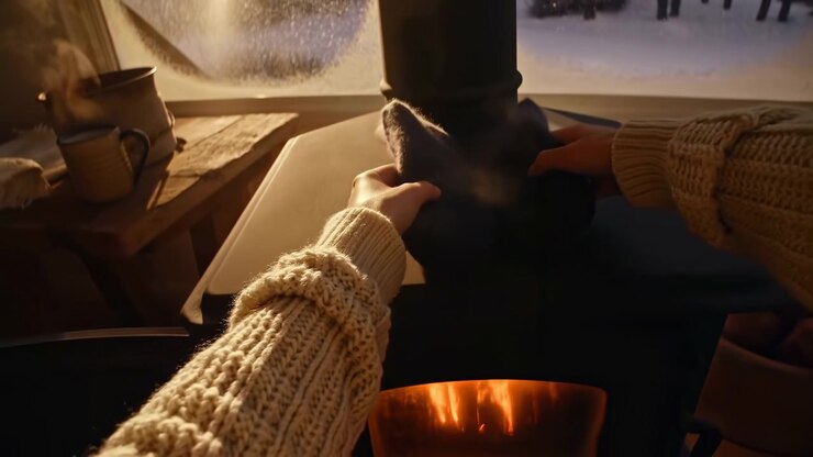 Gray mittens are lowered onto black stove top as flames flicker below, while warm sunlight highlights textured knit sleeves beside frosted glass, wooden furniture and steaming drink.