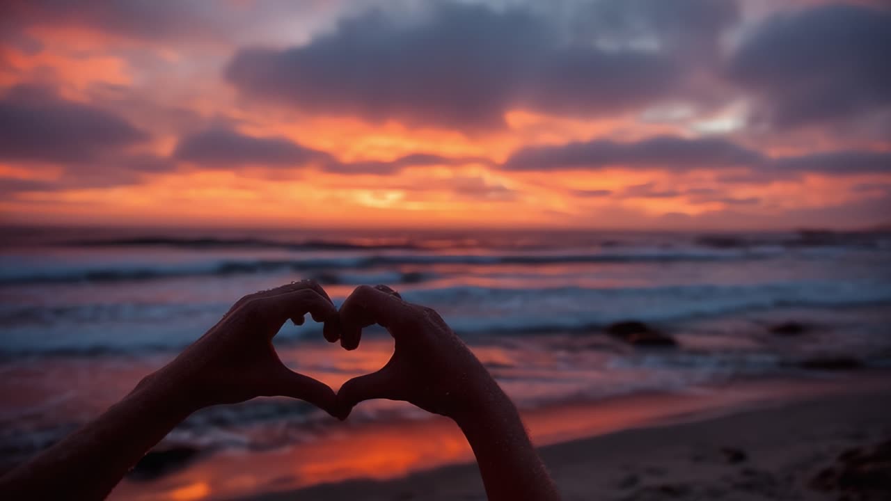 Een prachtige zonsondergang boven de oceaan met handen die een hartvorm maken, een moment van liefde en sereniteit vastleggend op een vredig strand