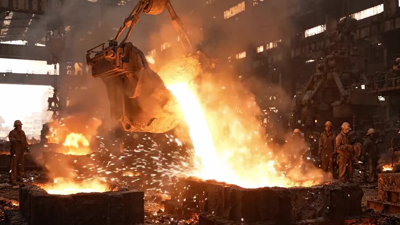 Steel Manufacturing in Action: A Dynamic Showcase of Molten Metal Pouring from a Crane into Molds Inside an Industrial Foundry, Capturing the Essence of Heavy Industry