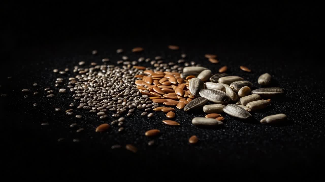An Artistic Arrangement of Various Seeds on a Black Background Showcasing Their Unique Shapes, Textures, and Color Variations in Bold Detail