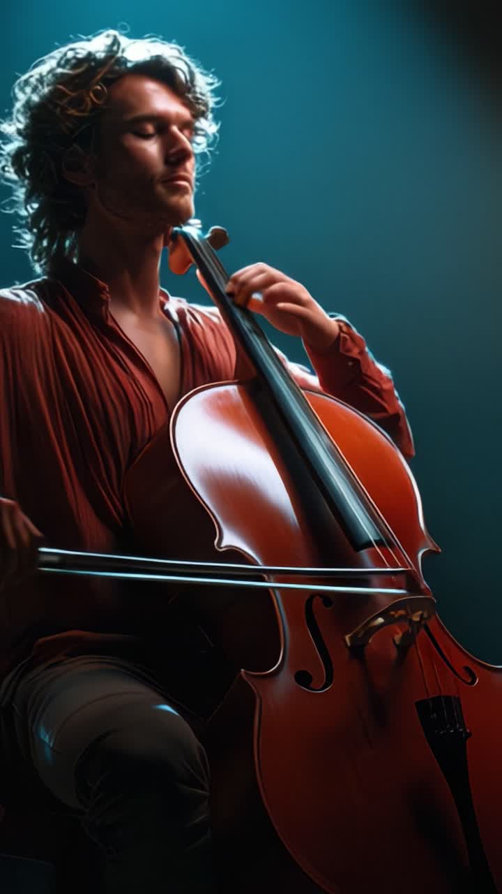 A passionate musician plays the cello, immersing himself in the rhythm and emotion of the performance, illuminated by a spotlight against a darkened backdrop