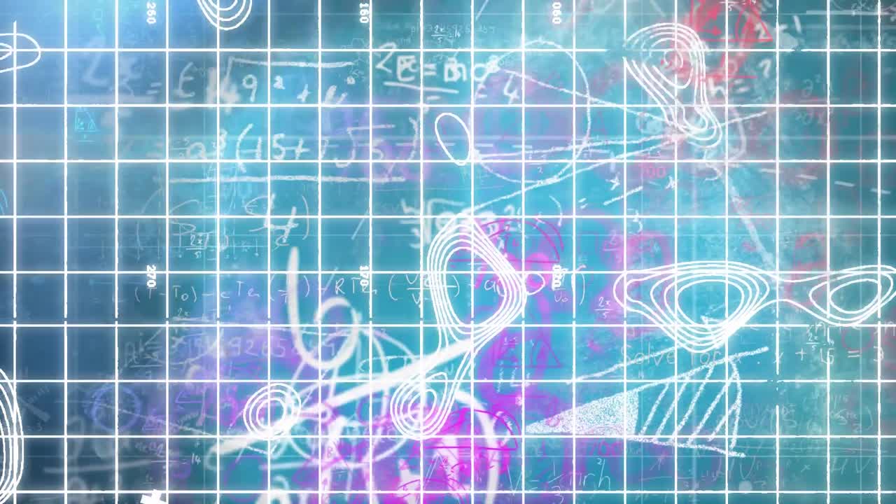 파란색 배경에 있는 그리드 라인과 수학적 기호