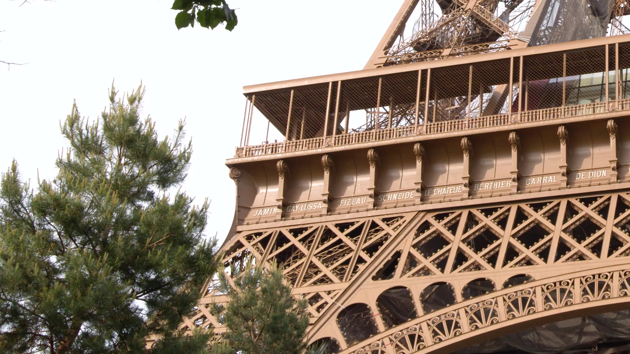 Vista aproximada da estrutura da Torre Eiffel e nomes gravados com árvore verde