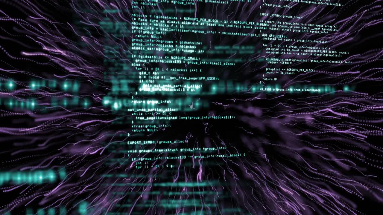 Animation of data processing and light trails over black background