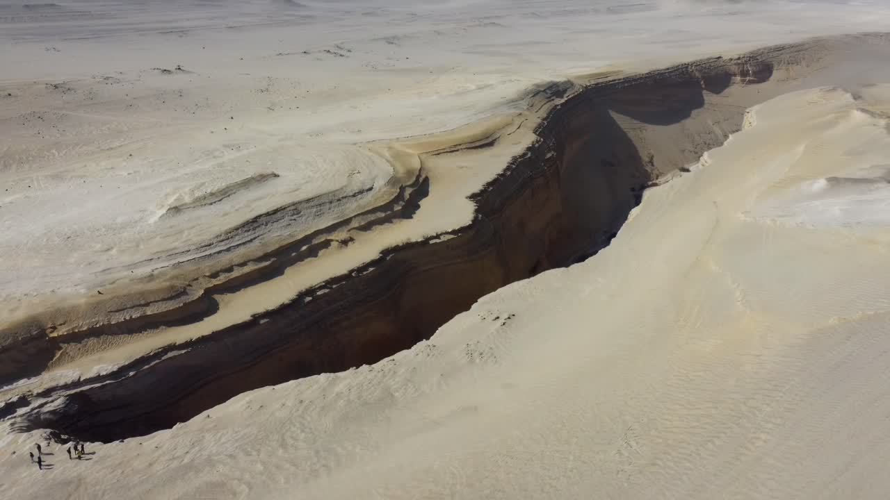 Aerial establishing of a deep canyon with dramatic cliffs and winding dry riverbed in Peru