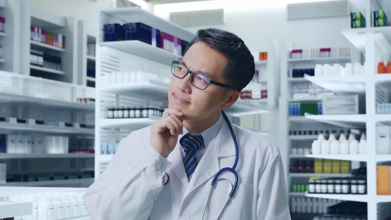 스테토스코프를 들고 있는 아시아 남성 의사가 무언가에 대해 생각하고 주위를 둘러보며 약국에서 지표손가락을 들어 올린다.