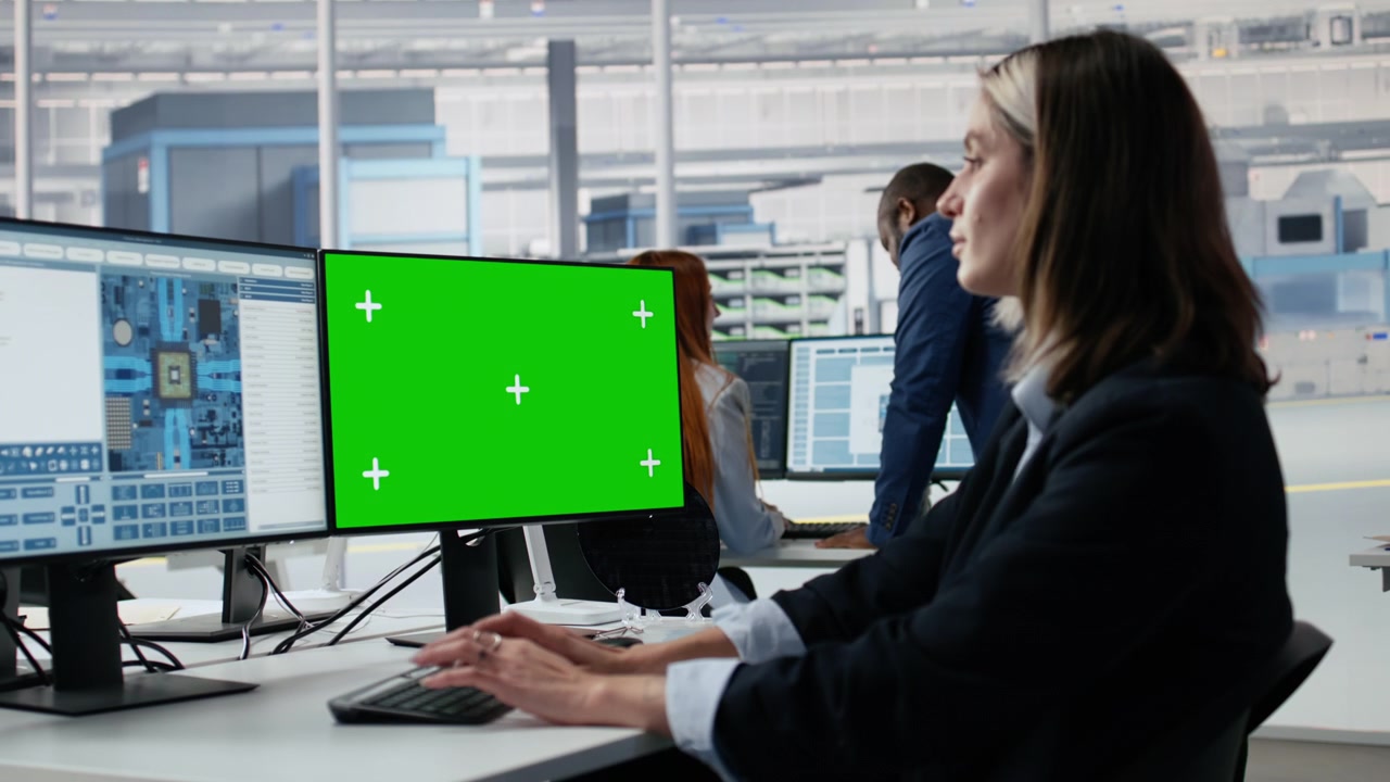 Donna d'affari al computer con monitor a schermo verde in ufficio tech