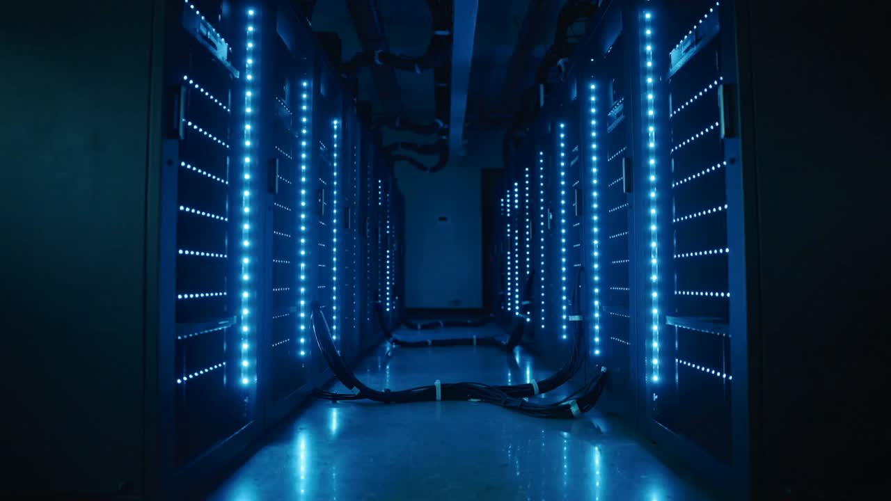 Kameraet begynder at panorere midtergangen i den centrale server og afslører den fjerne væg, LED-arrays og bundtede kabler