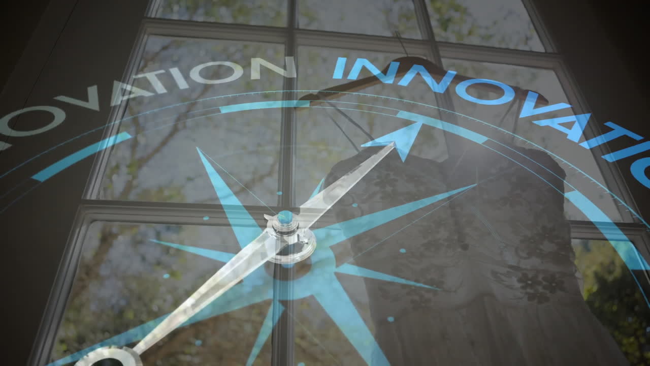 animación de la brújula con texto de innovación sobre la ventana