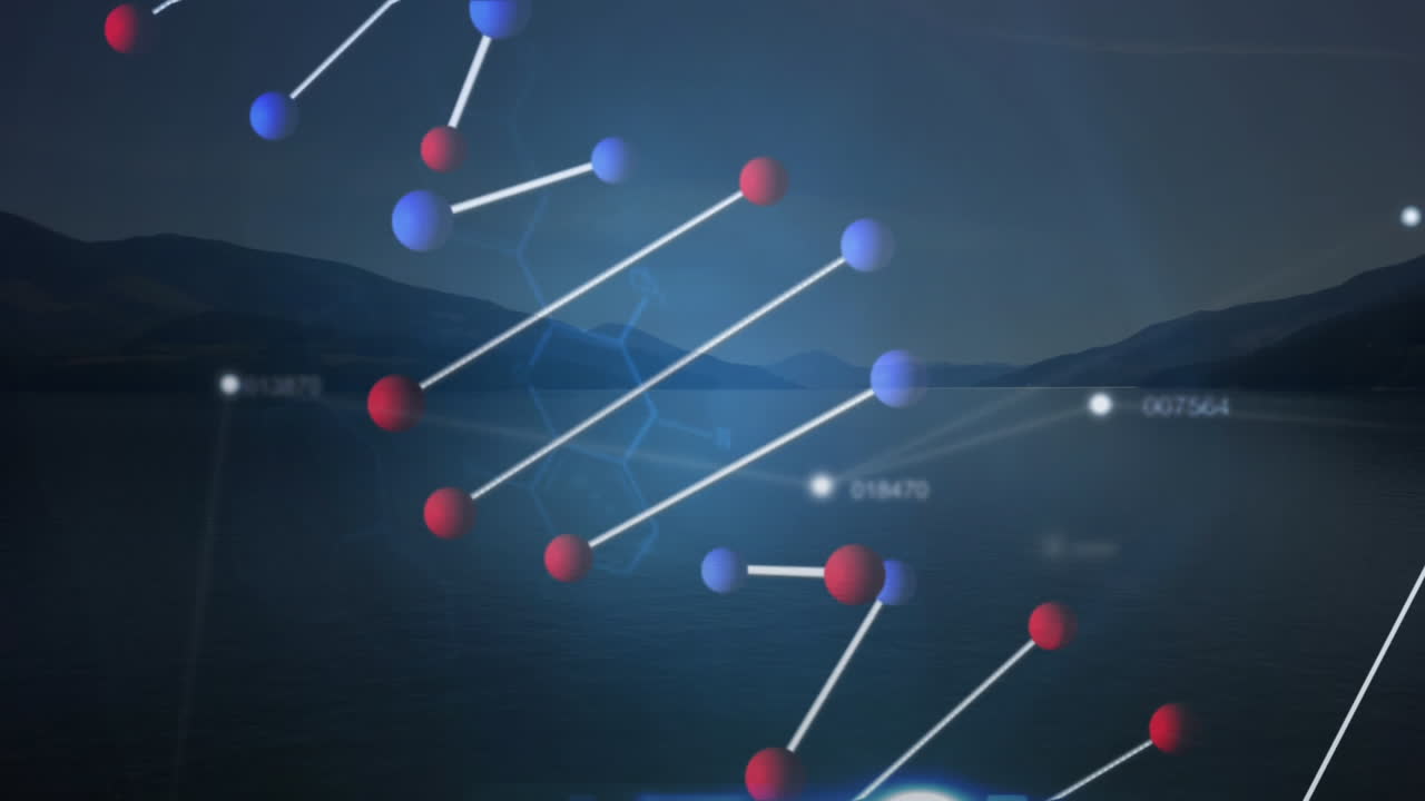 3차원 dna 가닥 회전과 풍경에 대한 데이터 처리 애니메이션