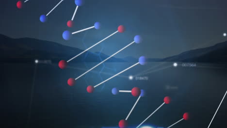 animación del hilado de cadenas de adn en 3d y procesamiento de datos sobre el paisaje