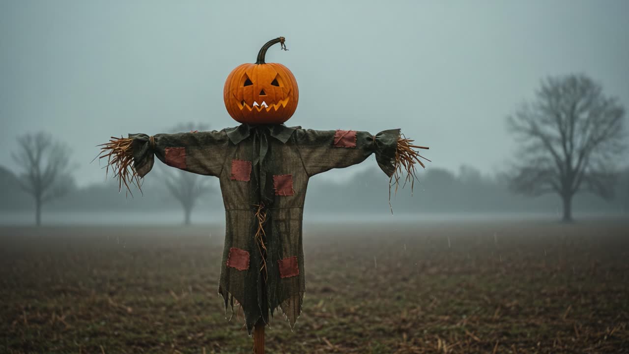 Misty Autumn Scene: A Pumpkin-Headed Scarecrow Stands Lonely in the Fog, Surrounded by Bare Trees in a Spooky Landscape Perfect for Halloween Spirit