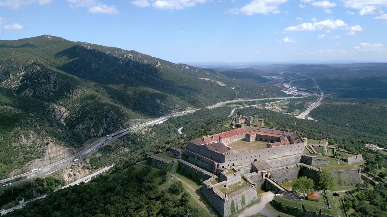 Panoramic aerial view of the Fort de Bellegarde from afar, Le Perthus, France