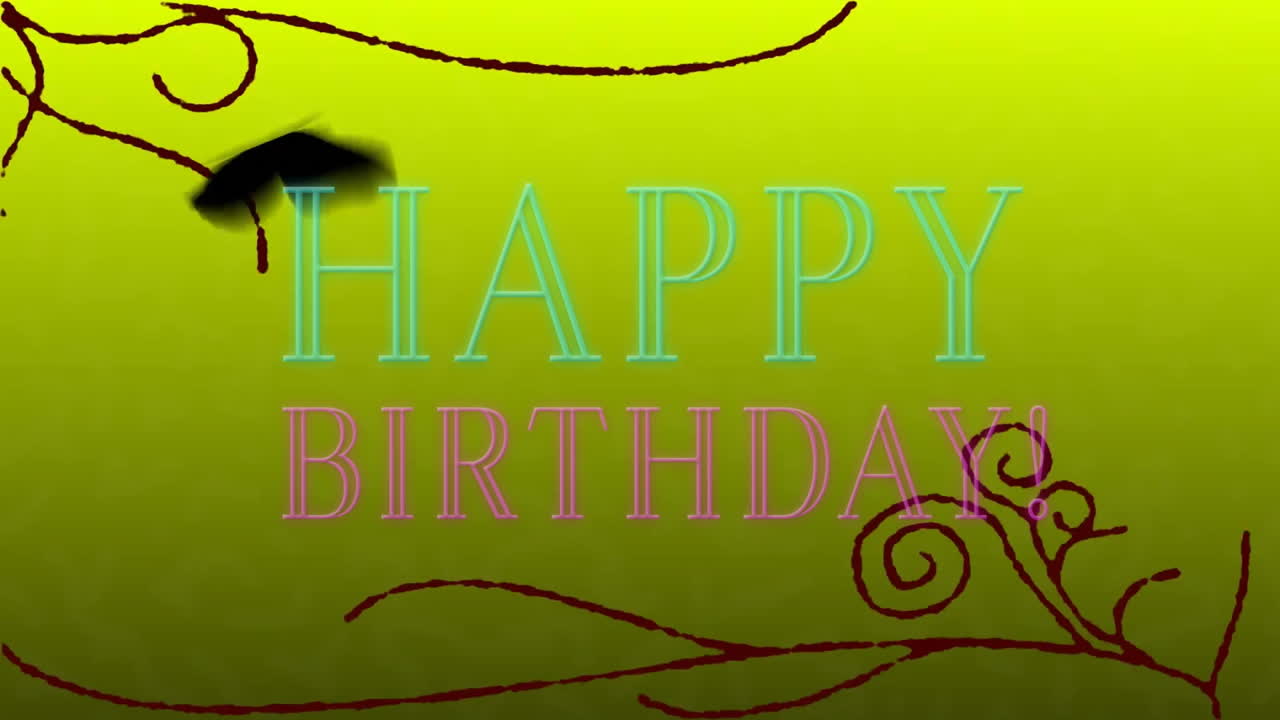 Happy Birthday text animation with swirls and butterfly on yellow background