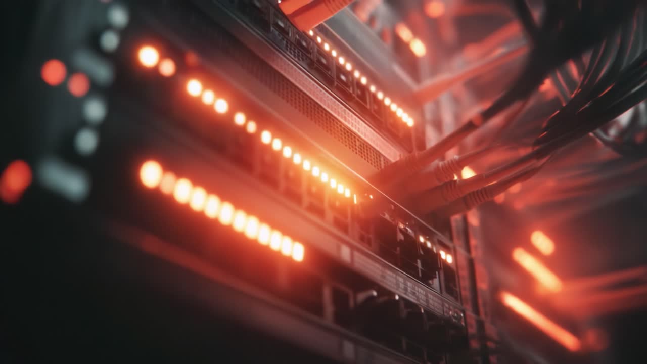 Intricate Network of Illuminated Servers Showcasing Advanced Technology: A Close-Up View of Data Center Equipment with Dynamic Lighting and Connectivity Cables