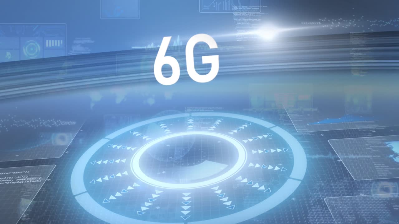 6g 텍스트의 애니메이션과 어두운 배경에 움직이는 범위의 반 ⁇ 이는 인터페이스