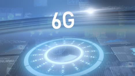 animación de texto de 6g y interfaz brillante con alcance móvil en fondo oscuro