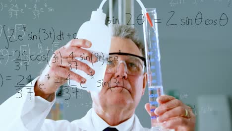 animation of mathematical equations on caucasian male scientist performing experiment at laboratory