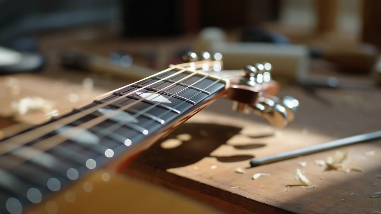 Detailed low angle view of acoustic guitar neck and headstock resting on wooden workbench inside workshop, with warm directional light, chrome tuning pegs, visible strings, rich wood texture, and
