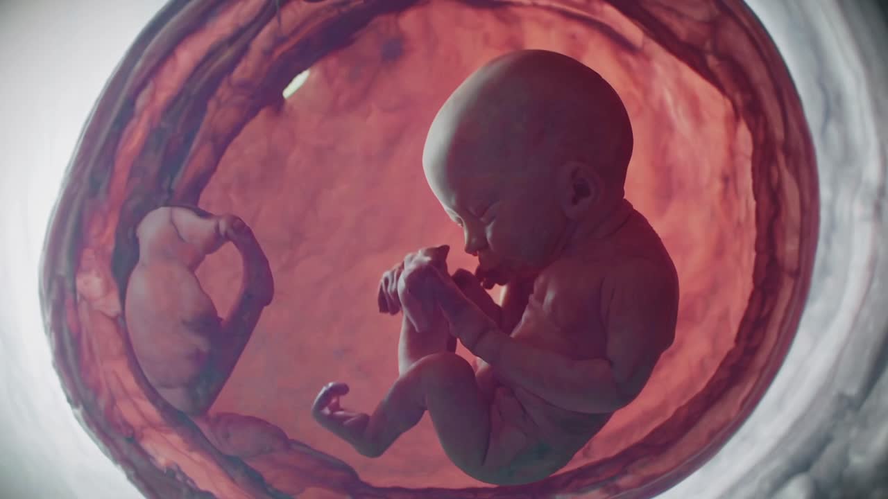CGI animation of fetal development from conception to the third trimester, showing detailed baby growth stages inside the womb for pregnancy and health education.